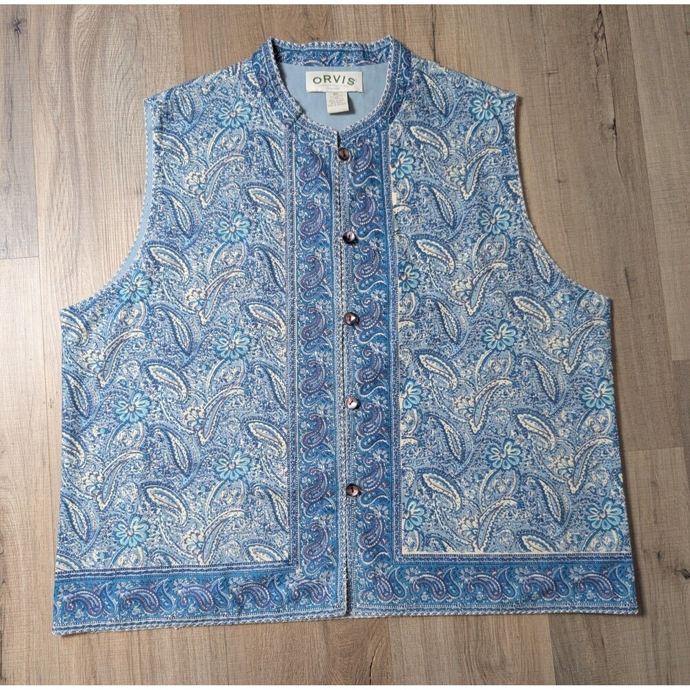 Orvis Size XL Vest Paisley Floral Blue Cotton Whipstitch Boho Chic Grandmacore